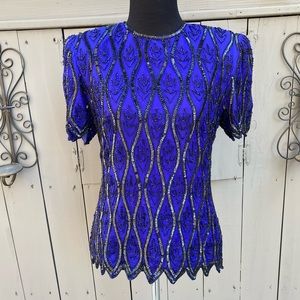 Vintage 80s Silk Sequin Beaded Stenay Cocktail Formal Short Sleeve Top